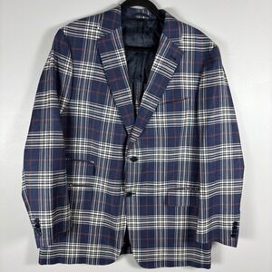 Granger Owings Mens 44R Blue Wool Silk Linen Plaid Two Button Double Vent Blazer